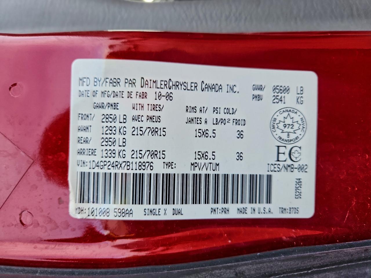 2007 Dodge Grand Caravan Se VIN: 1D4GP24RX7B118976 Lot: 96921955