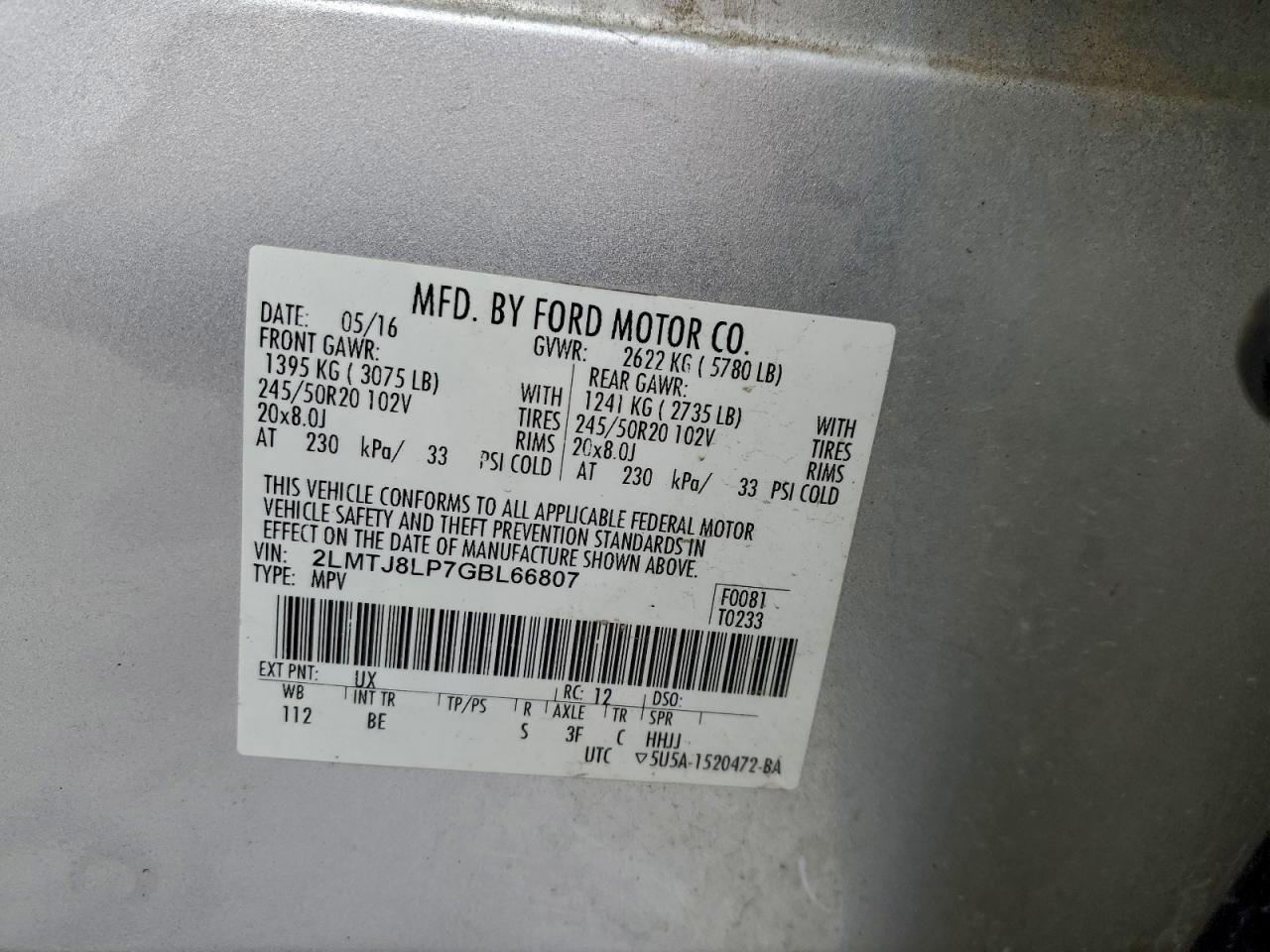 2016 Lincoln Mkx Reserve VIN: 2LMTJ8LP7GBL66807 Lot: 94744415