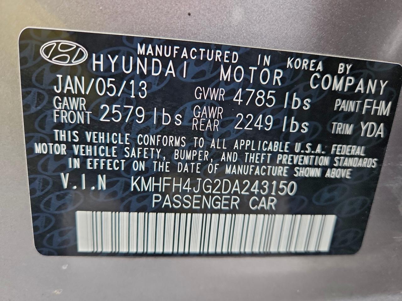 2013 Hyundai Azera Gls VIN: KMHFH4JG2DA243150 Lot: 94983995