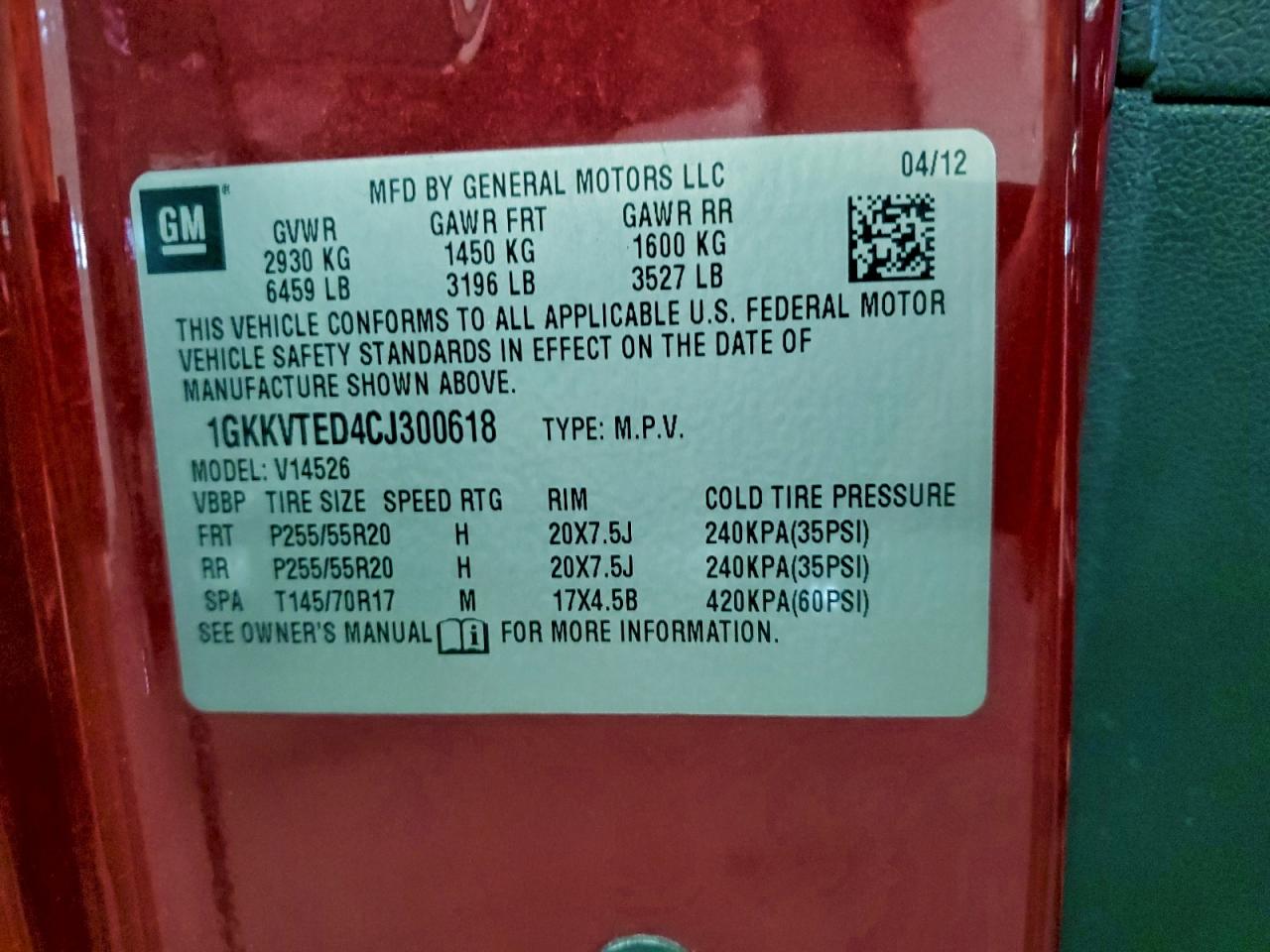 2012 GMC Acadia Denali VIN: 1GKKVTED4CJ300618 Lot: 96940735