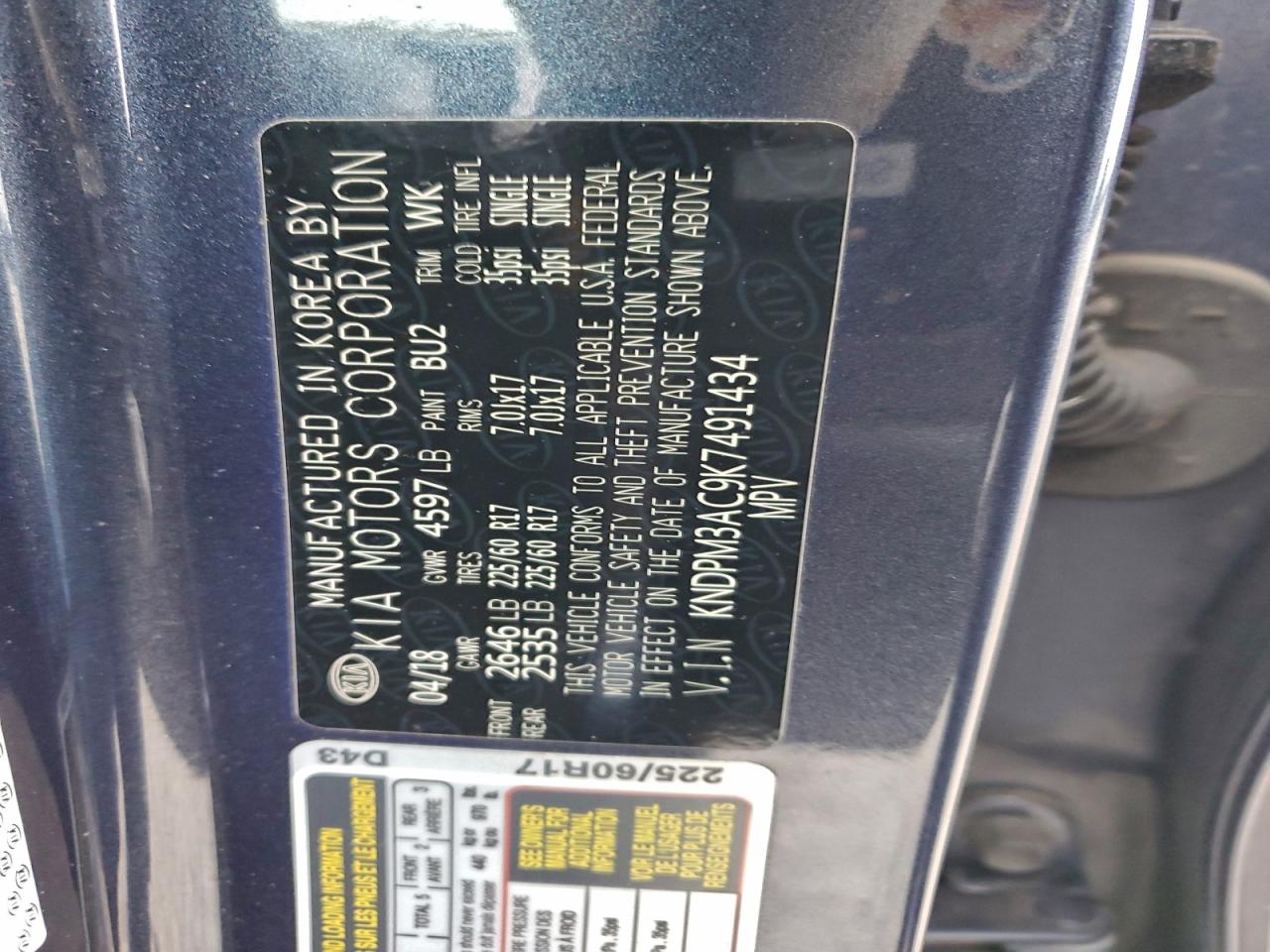 2019 Kia Sportage Lx VIN: KNDPM3AC9K7491434 Lot: 95341395