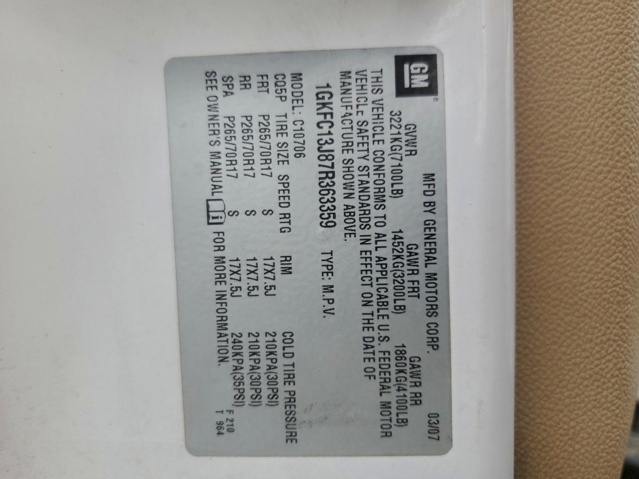 2007 GMC Yukon VIN: 1GKFC13J87R363359 Lot: 97355575