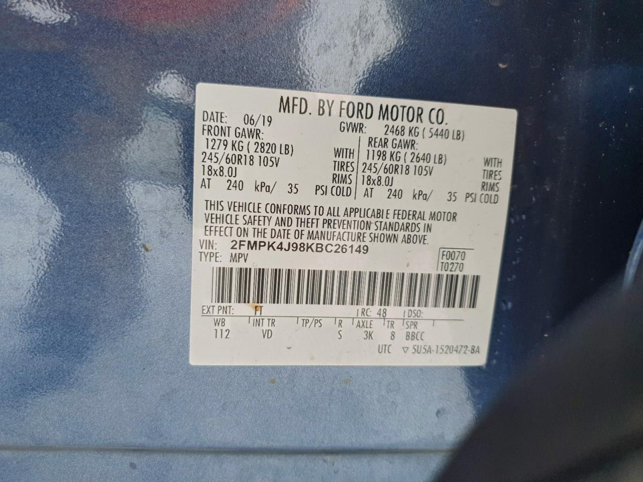 2019 Ford Edge Sel VIN: 2FMPK4J98KBC26149 Lot: 94757885