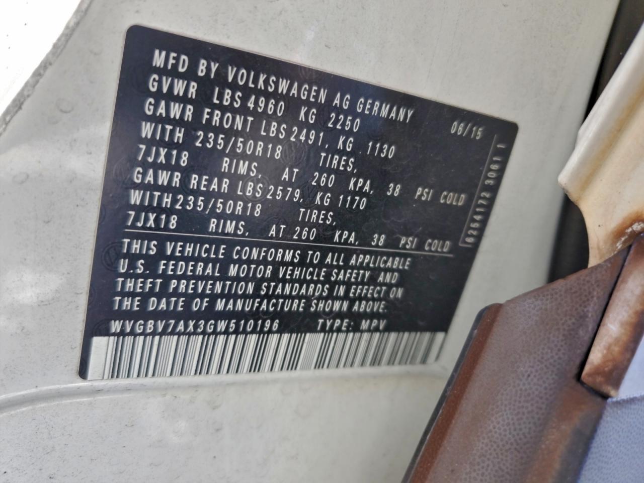 2016 Volkswagen Tiguan S VIN: WVGBV7AX3GW510196 Lot: 96759845