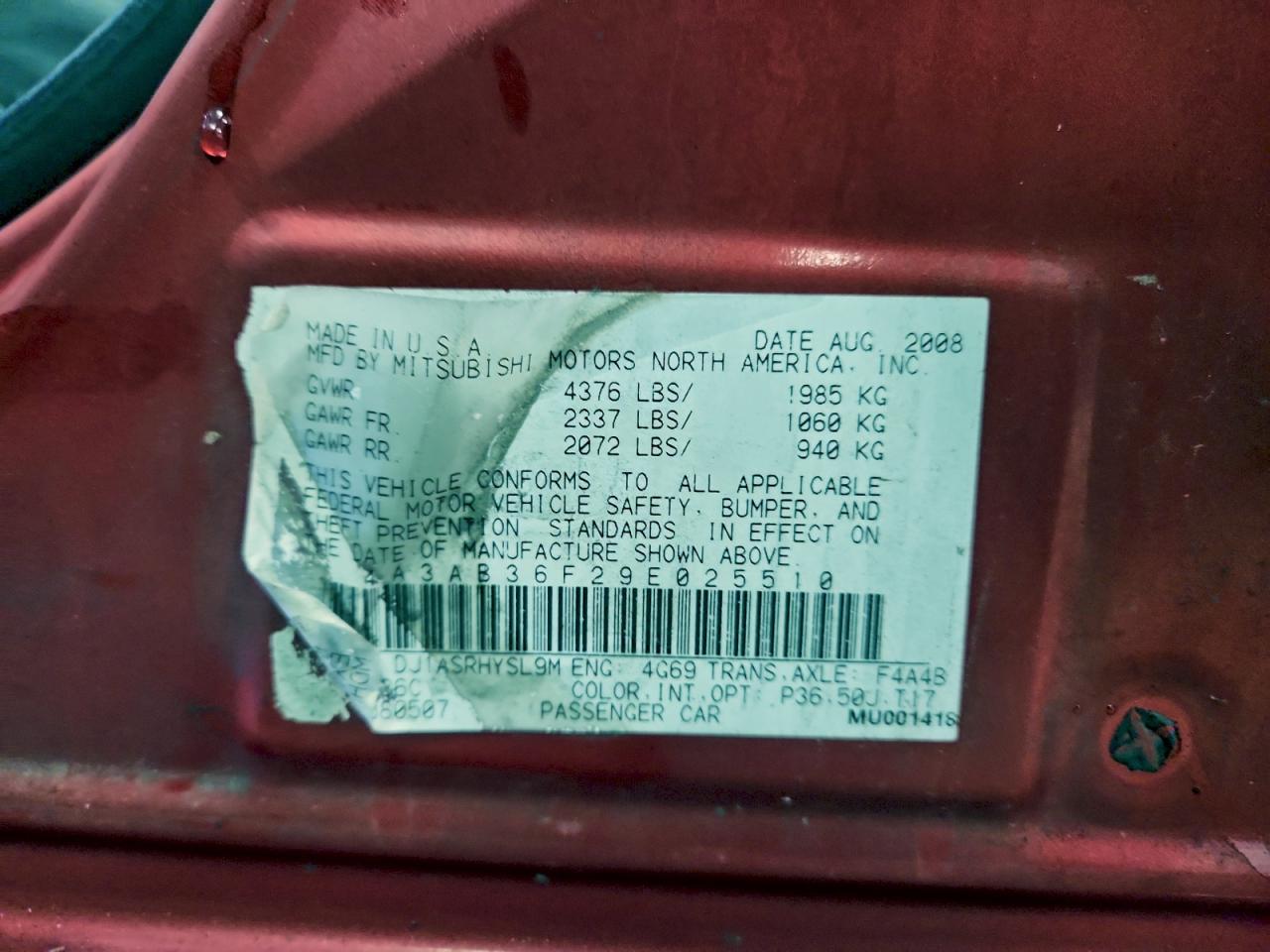 2009 Mitsubishi Galant Es VIN: 4A3AB36F29E025510 Lot: 94453515