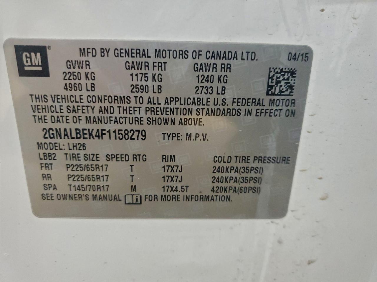 2015 Chevrolet Equinox Lt VIN: 2GNALBEK4F1158279 Lot: 94432215