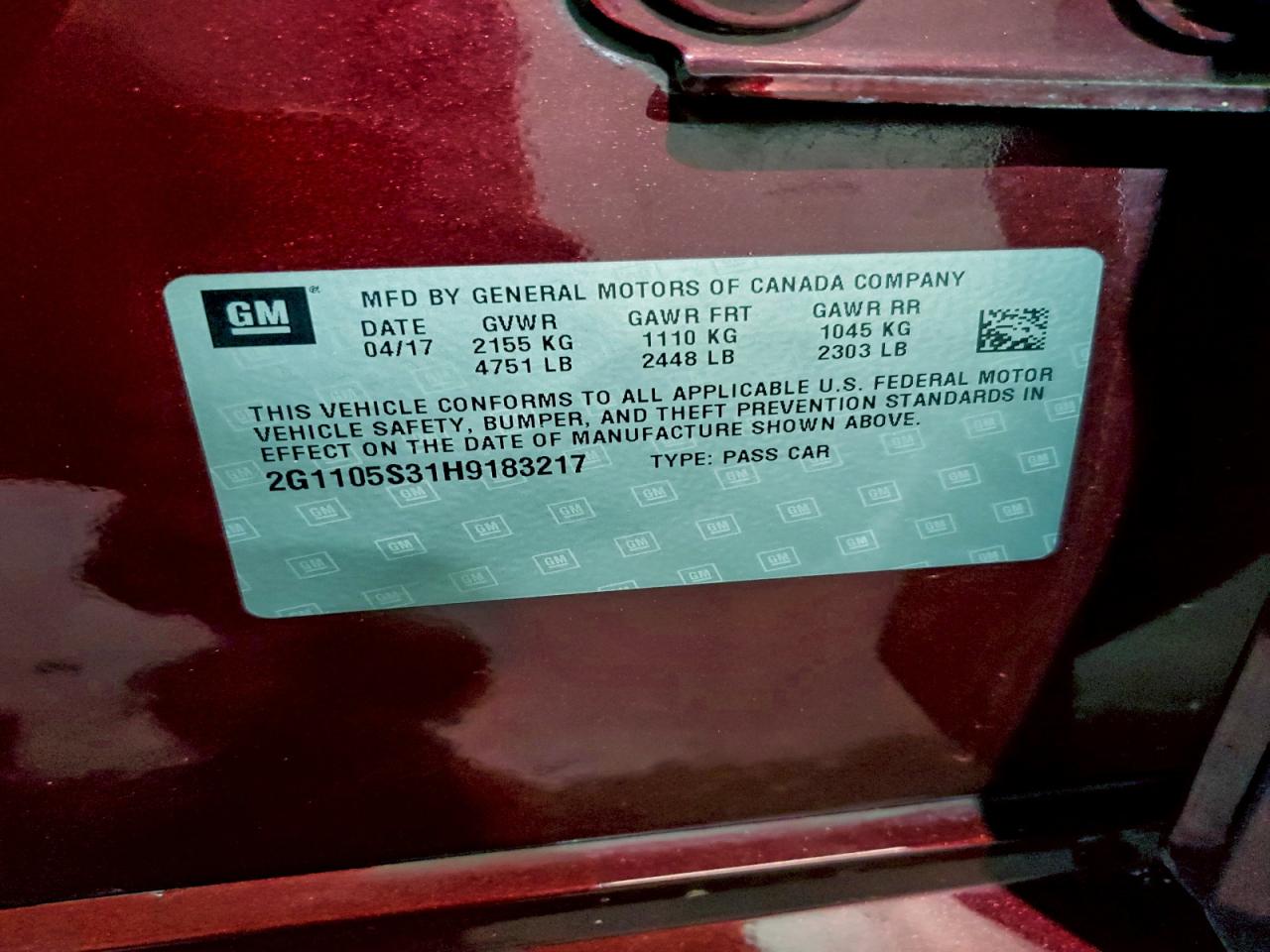 2017 Chevrolet Impala Lt VIN: 2G1105S31H9183217 Lot: 95198785