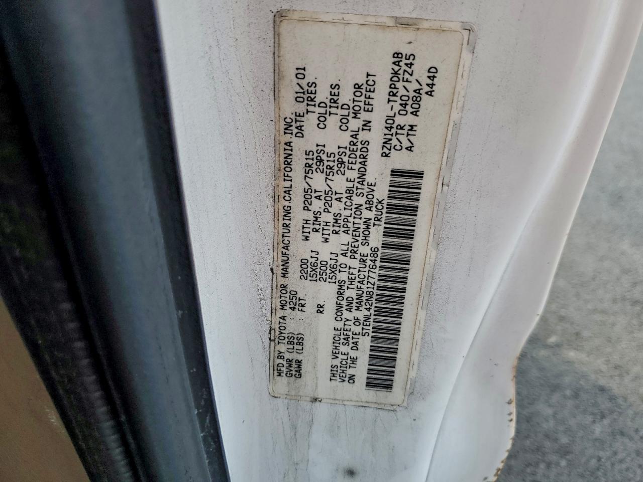 2001 Toyota Tacoma VIN: 5TENL42N81Z776486 Lot: 95211925