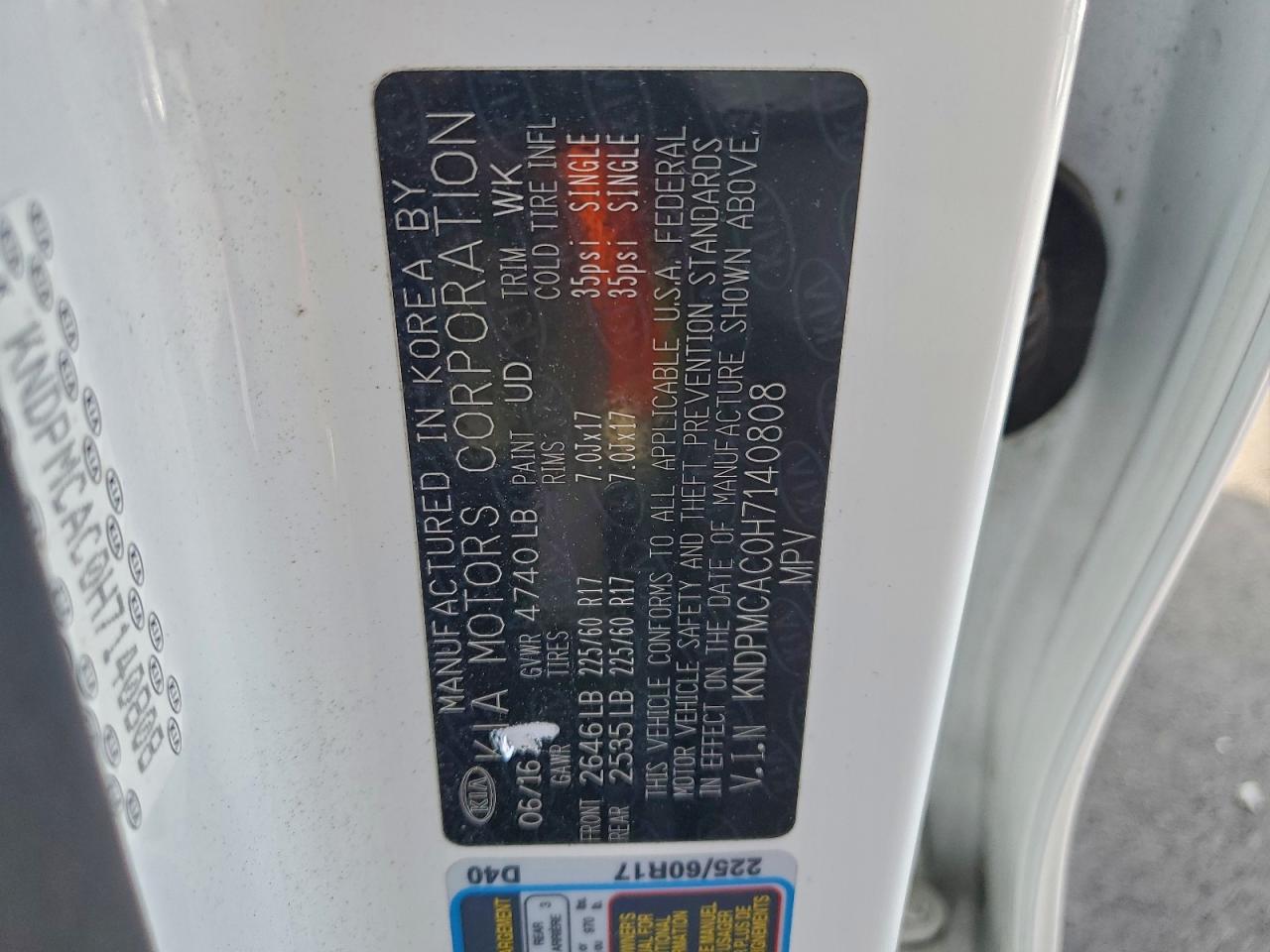 2017 Kia Sportage Lx VIN: KNDPMCAC0H7140808 Lot: 93765165