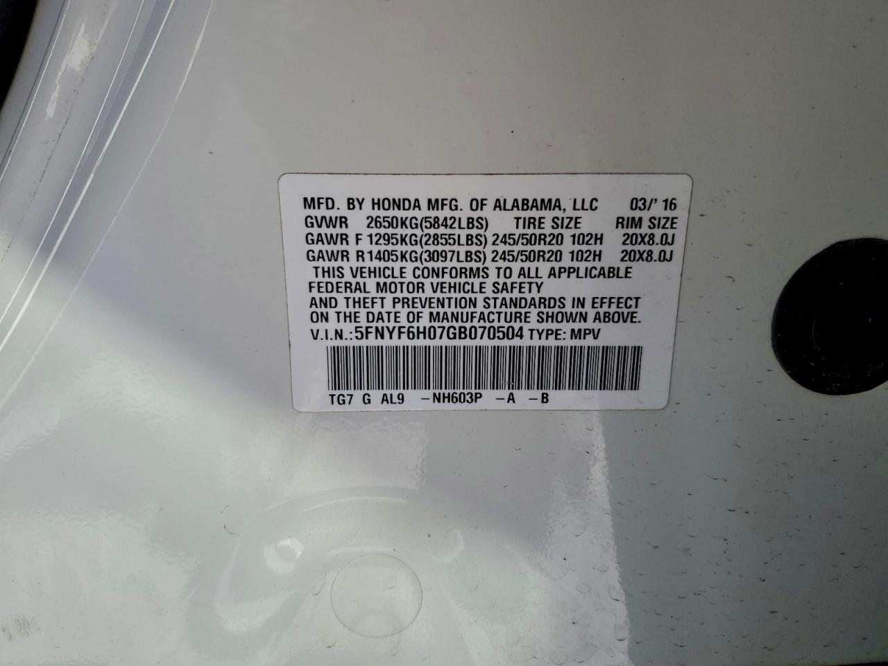 2016 Honda Pilot Elite VIN: 5FNYF6H07GB070504 Lot: 95113415