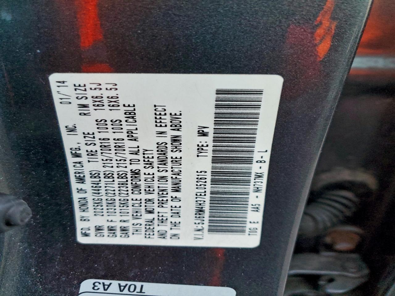 2014 Honda Cr-V Lx VIN: 5J6RM4H37EL052615 Lot: 94749475