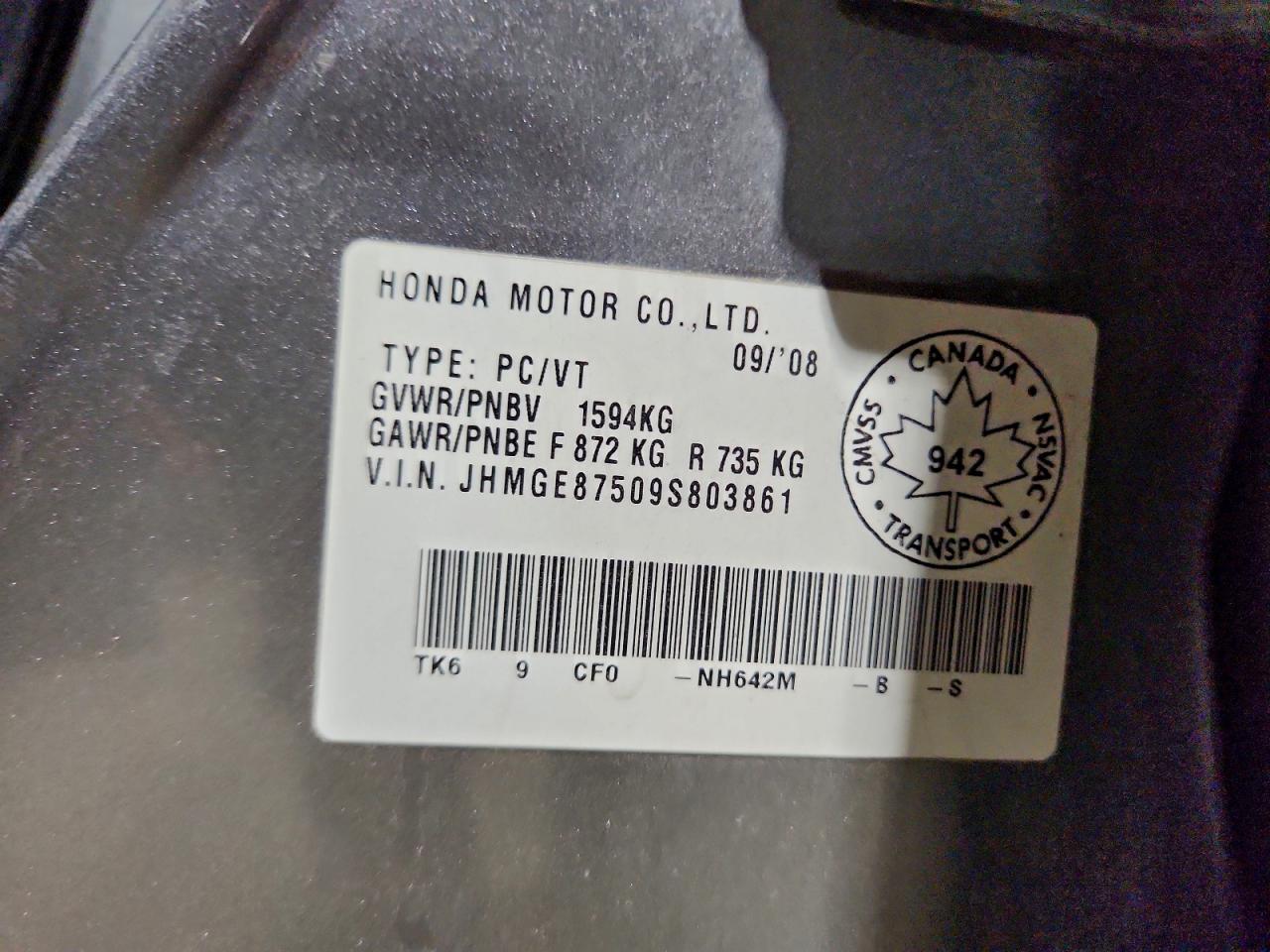 2009 Honda Fit Lx VIN: JHMGE87509S803861 Lot: 93629645