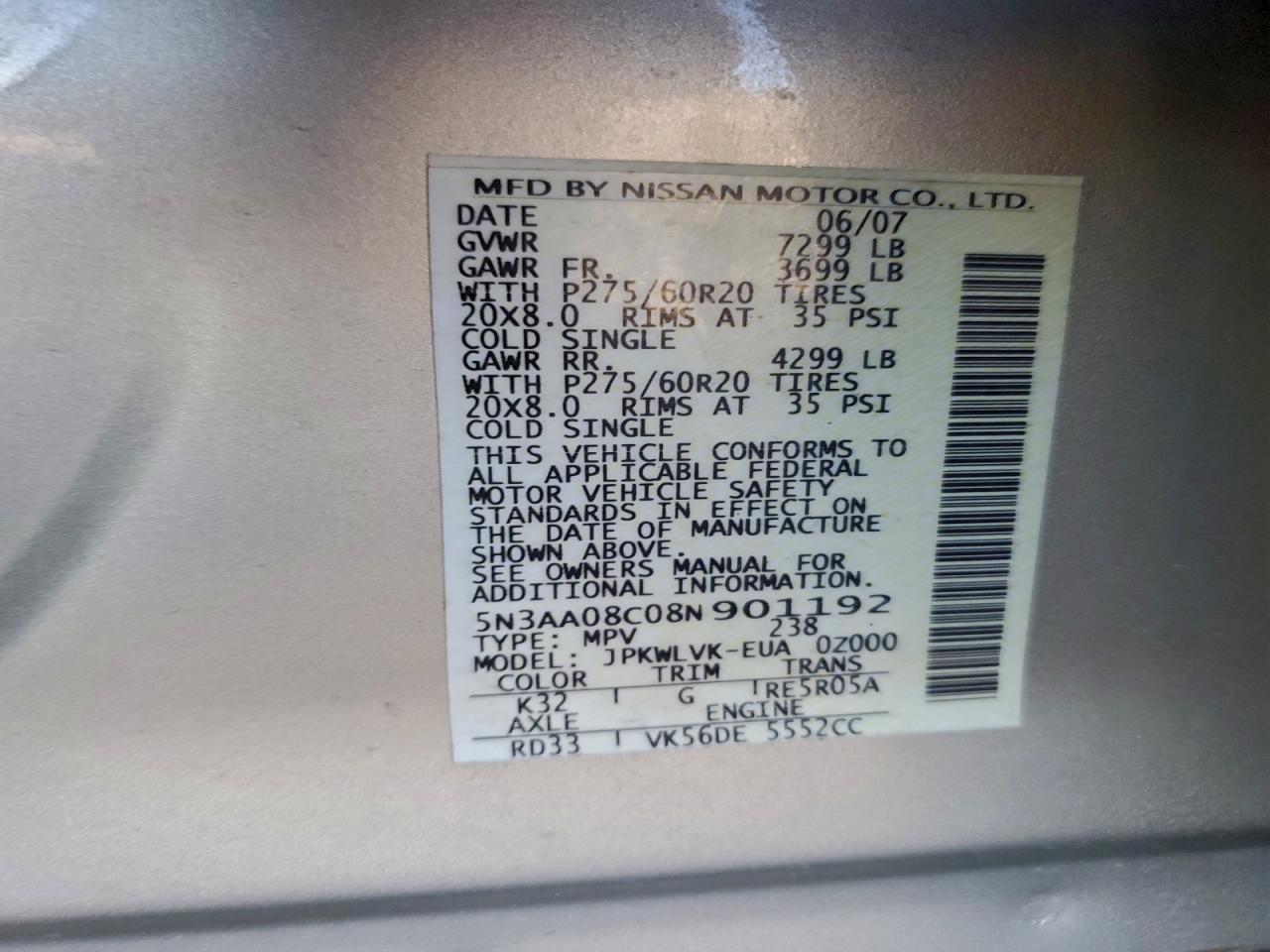 2008 Infiniti Qx56 VIN: 5N3AA08C08N901192 Lot: 93520605