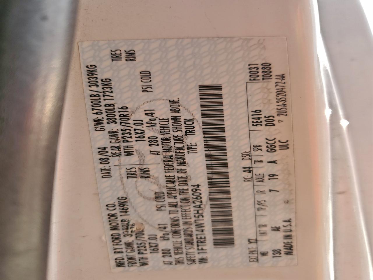 2005 Ford E150 Delivery Van VIN: 1FTRE14W15HA26094 Lot: 94712865