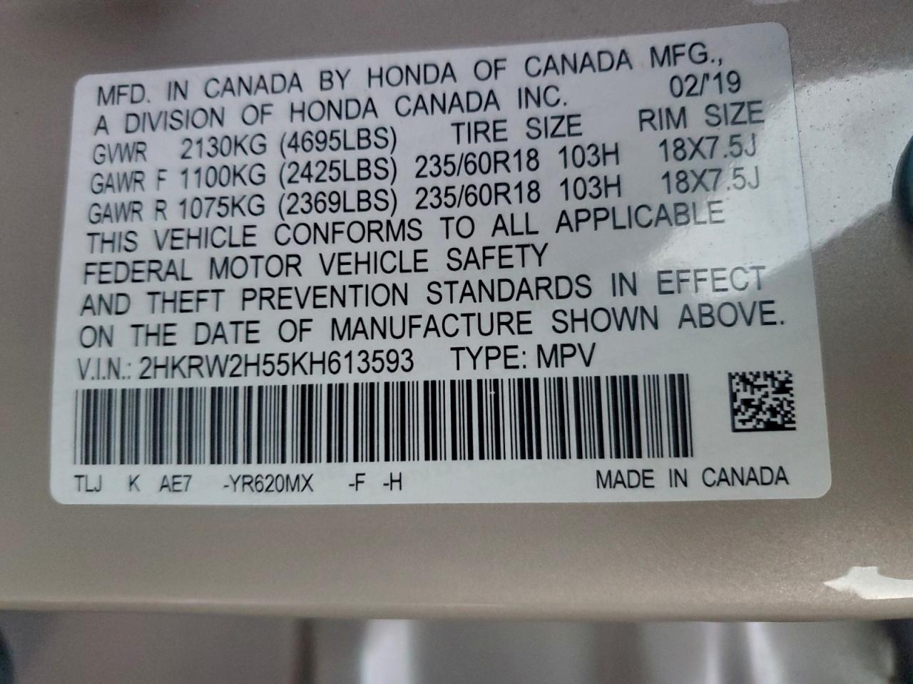 2019 Honda Cr-V Ex VIN: 2HKRW2H55KH613593 Lot: 94741725