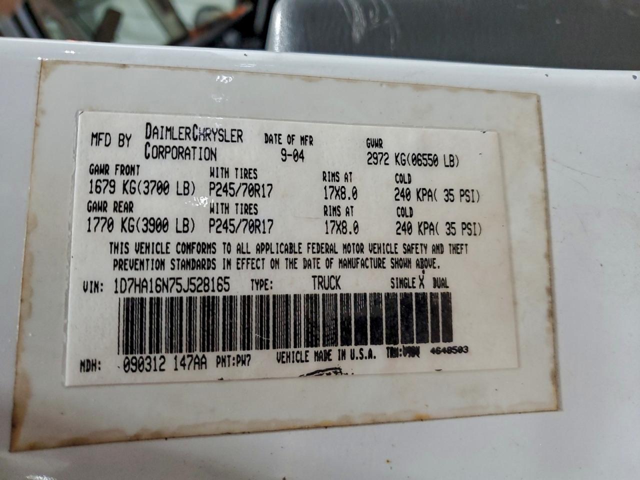 2005 Dodge Ram 1500 St VIN: 1D7HA16N75J528165 Lot: 94290745