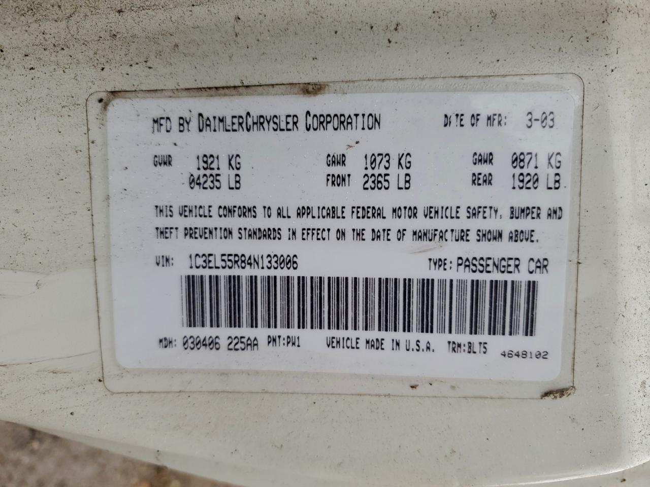 2004 Chrysler Sebring Lxi VIN: 1C3EL55R84N133006 Lot: 97294005