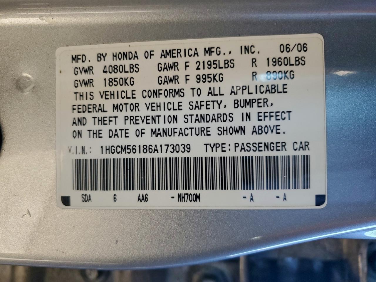 2006 Honda Accord Value VIN: 1HGCM56186A173039 Lot: 96276525