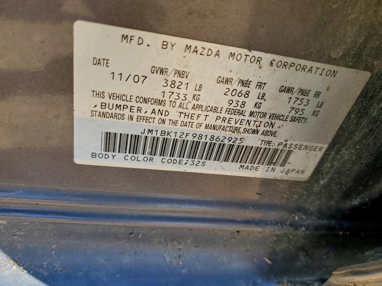 2008 Mazda 3 I VIN: JM1BK12F981862925 Lot: 95943295