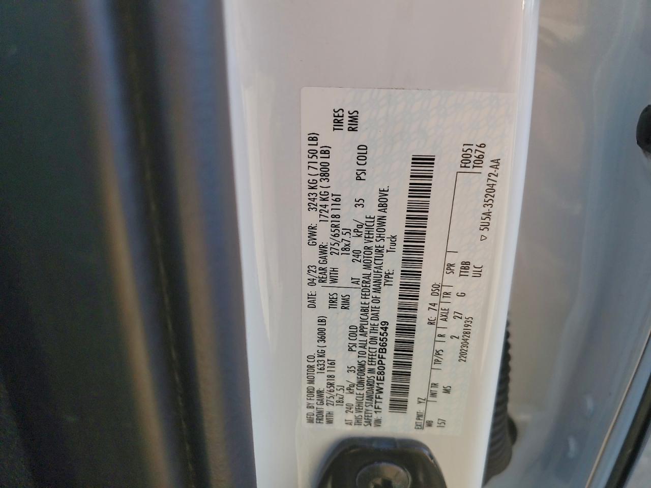 2023 Ford F150 Supercrew VIN: 1FTFW1E80PFB65549 Lot: 94277195