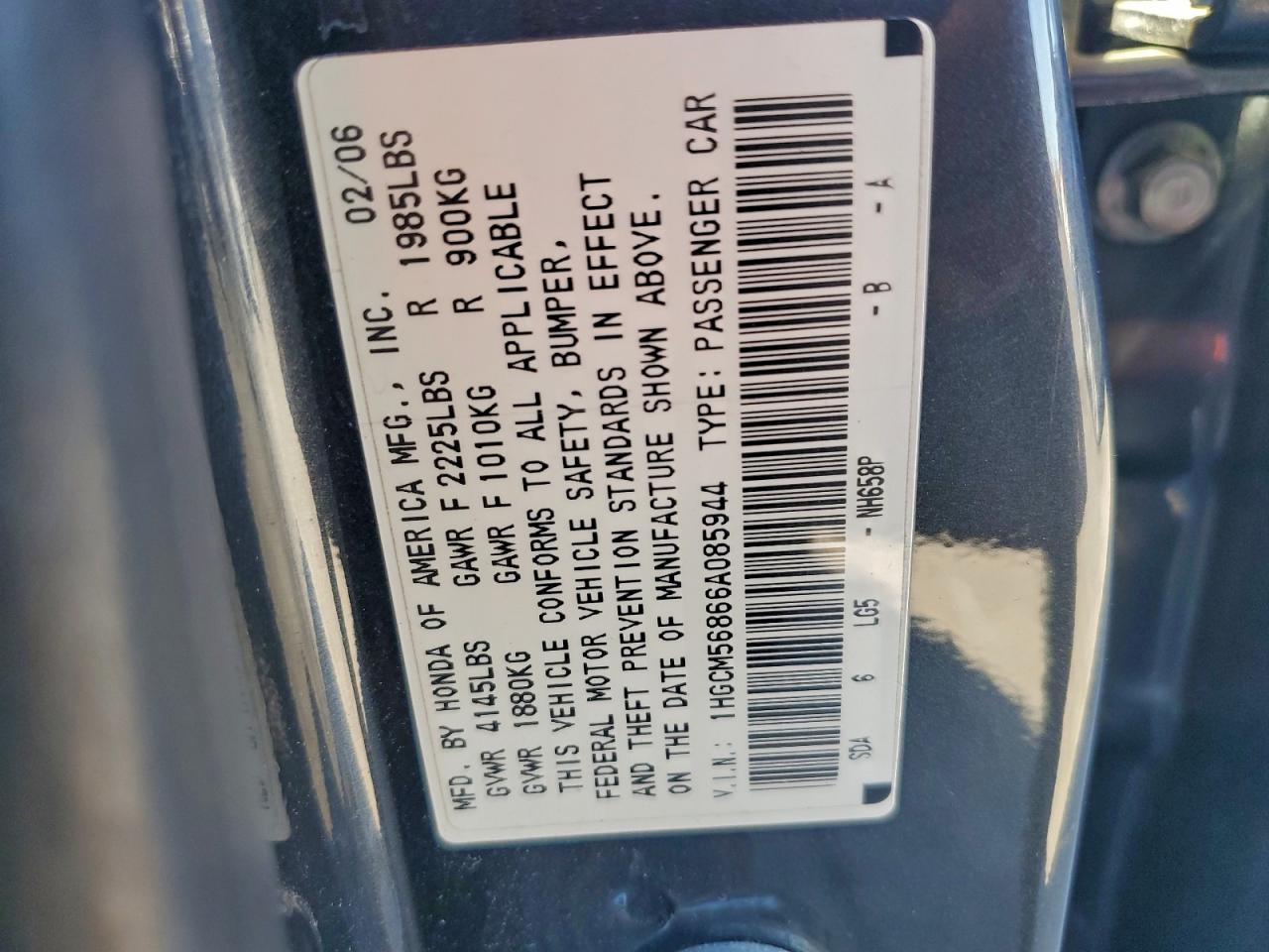 2006 Honda Accord Ex VIN: 1HGCM56866A085944 Lot: 96123465