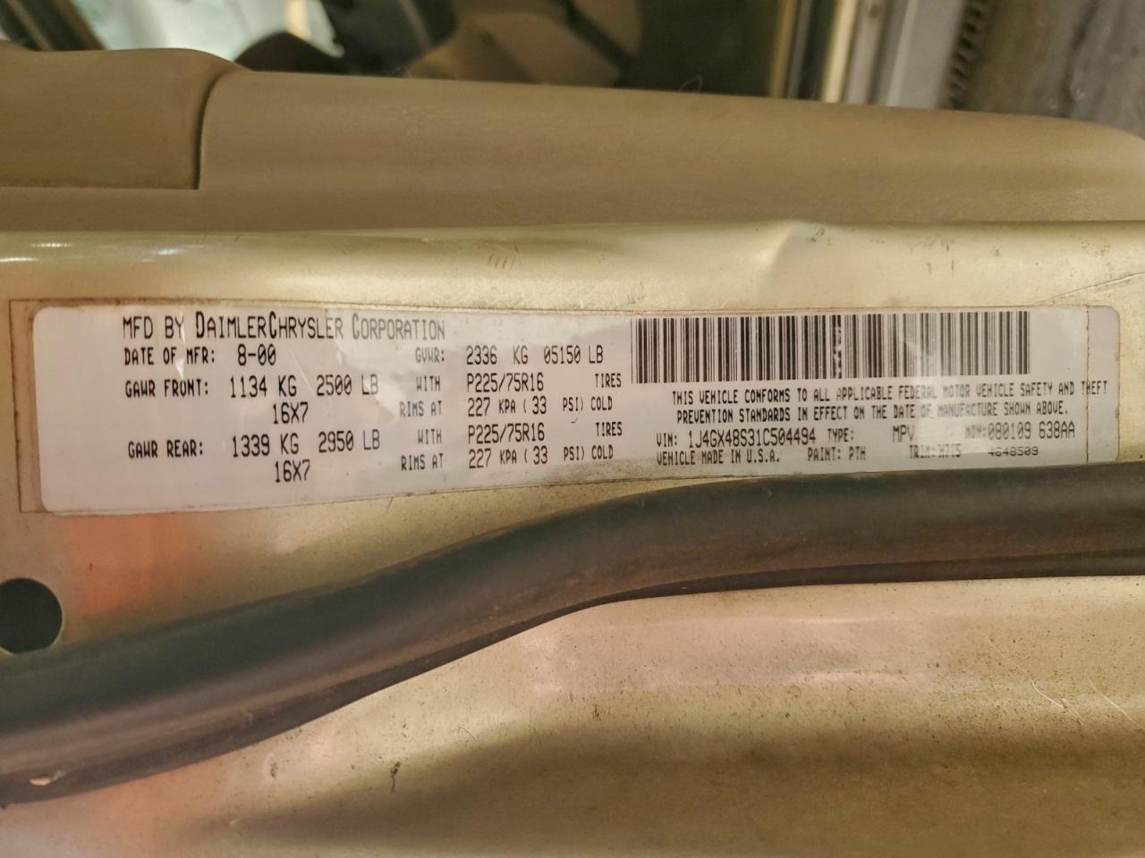 2001 Jeep Grand Cherokee Laredo VIN: 1J4GX48S31C504494 Lot: 94961115