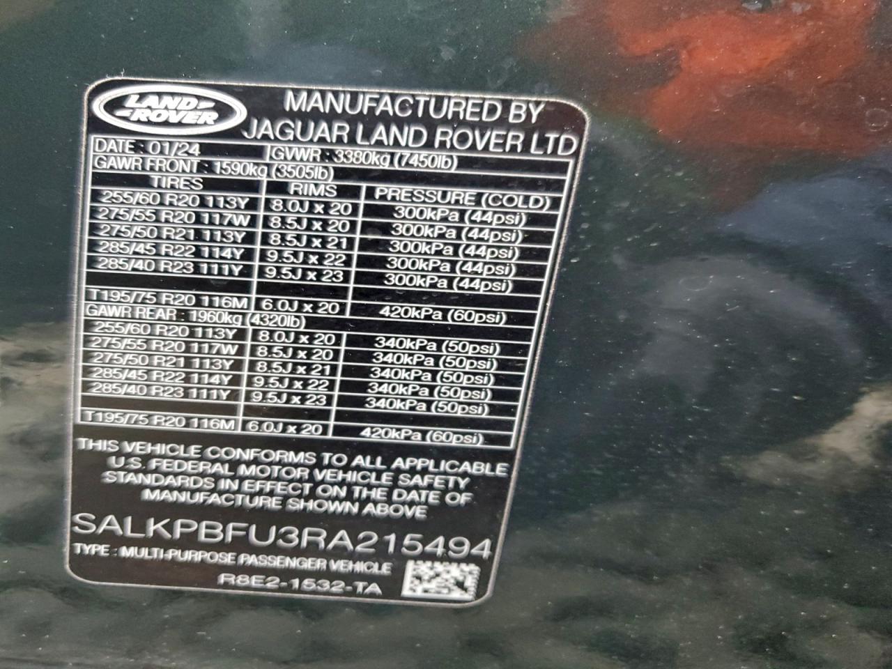 2024 Land Rover Range Rover Se VIN: SALKPBFU3RA215494 Lot: 95847525