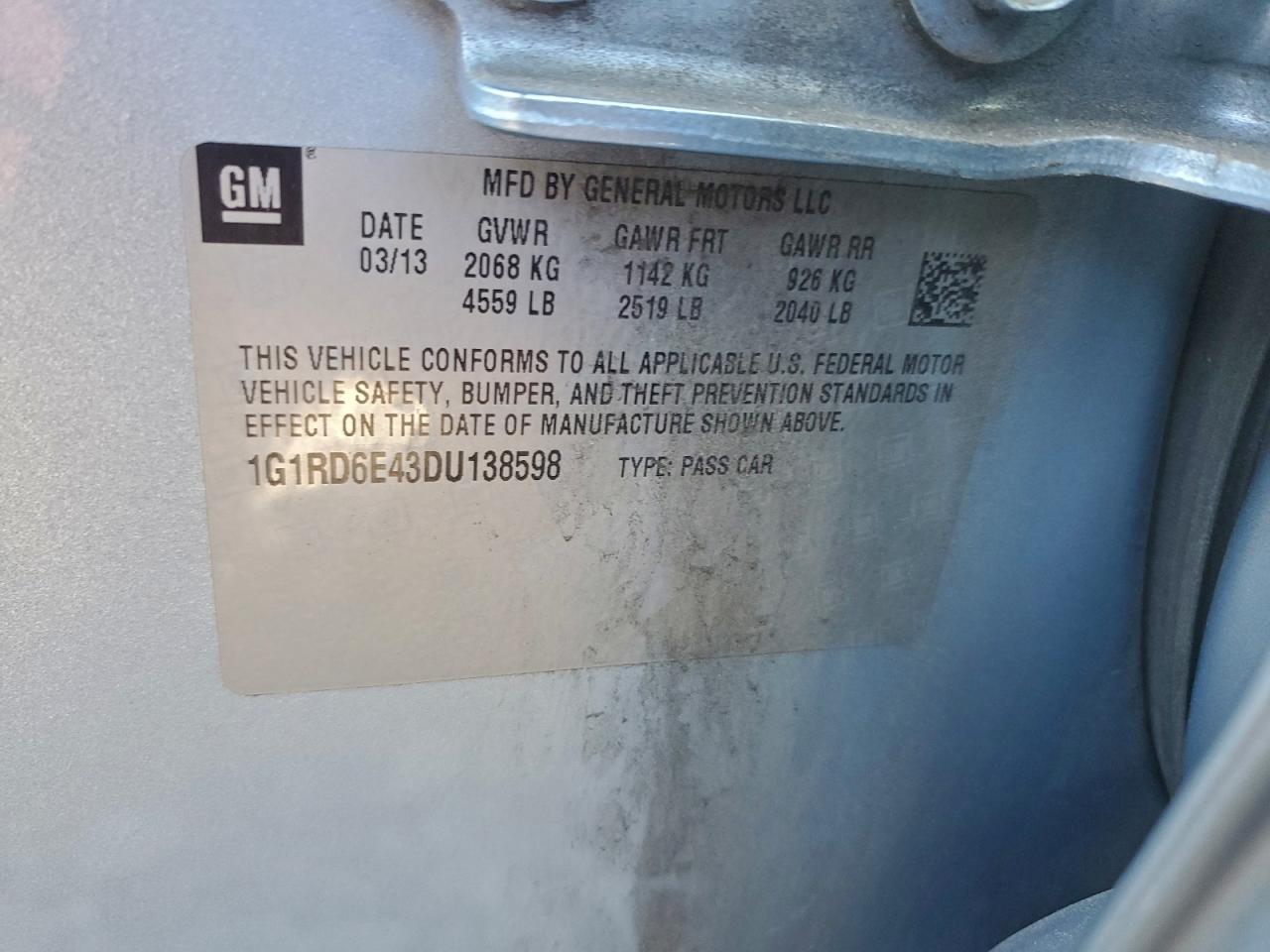 2013 Chevrolet Volt VIN: 1G1RD6E43DU138598 Lot: 95741045