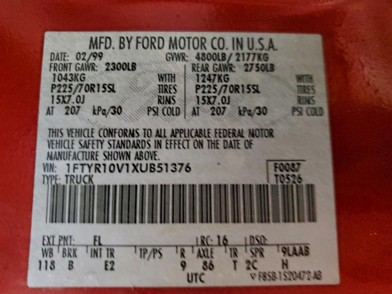 1999 Ford Ranger VIN: 1FTYR10V1XUB51376 Lot: 93961695