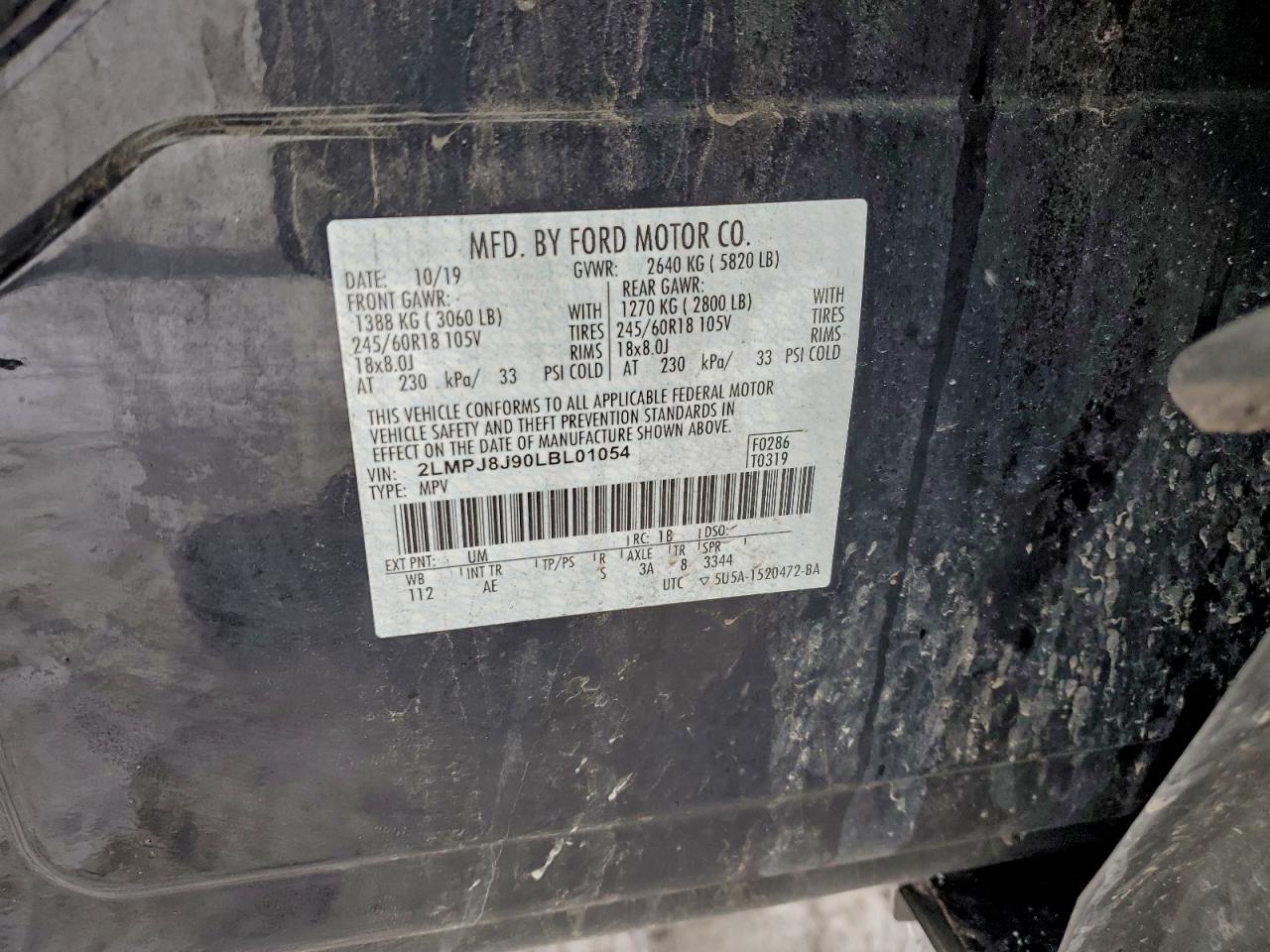 2020 Lincoln Nautilus VIN: 2LMPJ8J90LBL01054 Lot: 96275105