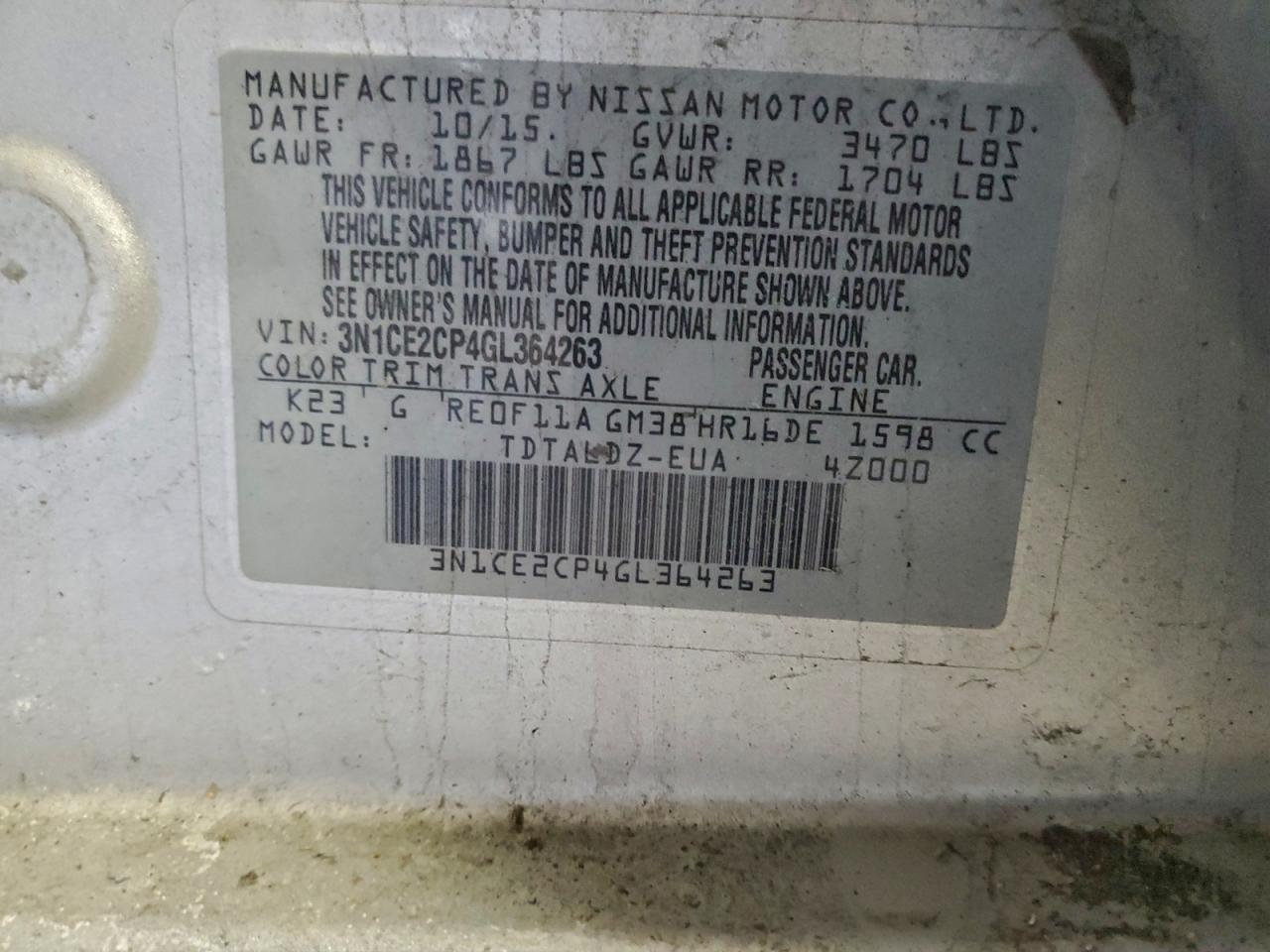 2016 Nissan Versa Note S VIN: 3N1CE2CP4GL364263 Lot: 95908845