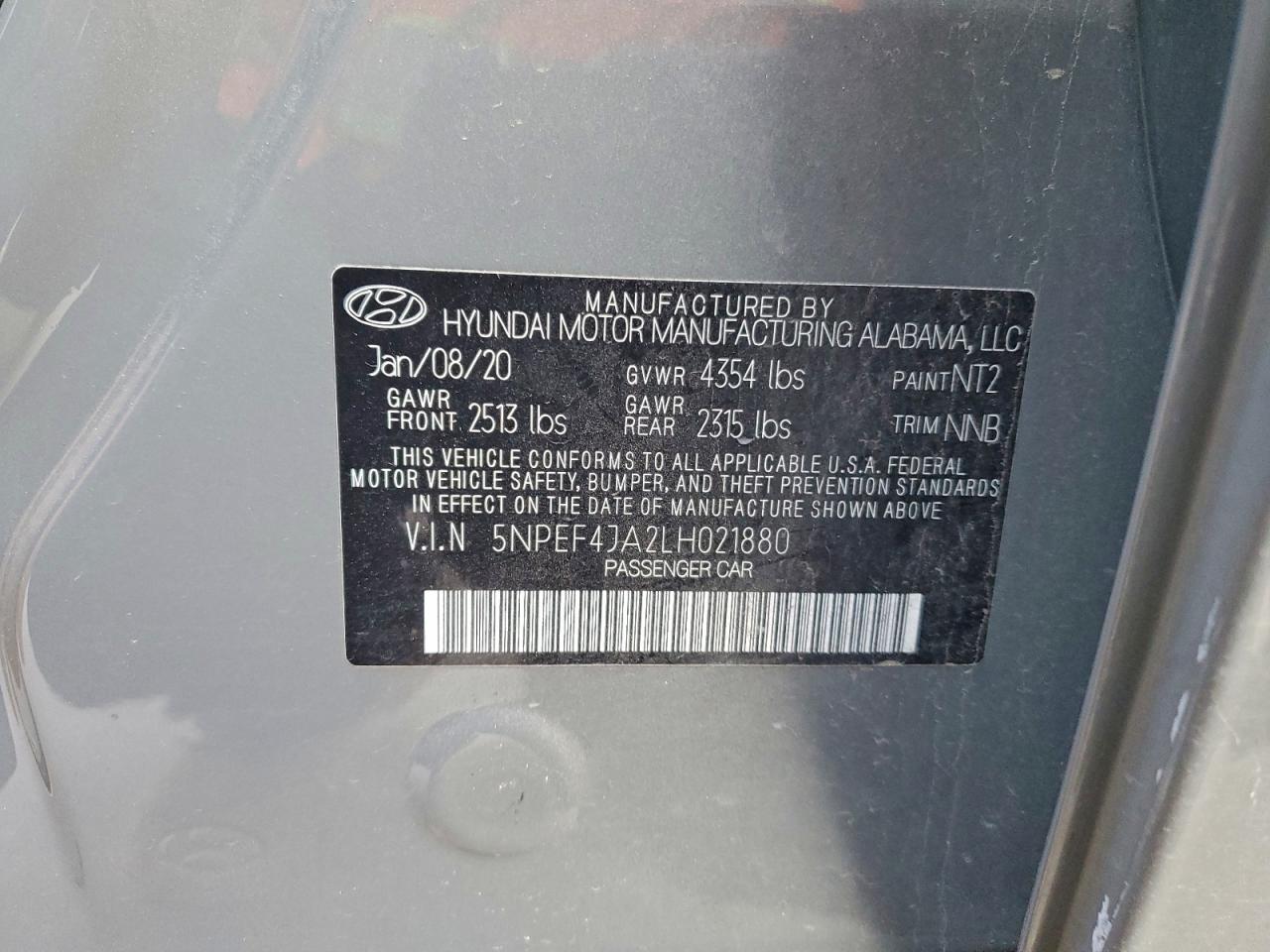 2020 Hyundai Sonata Sel VIN: 5NPEF4JA2LH021880 Lot: 91311975