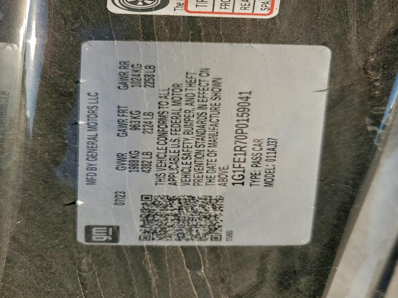 2023 Chevrolet Camaro Lt1 VIN: 1G1FE1R70P0159041 Lot: 95759875