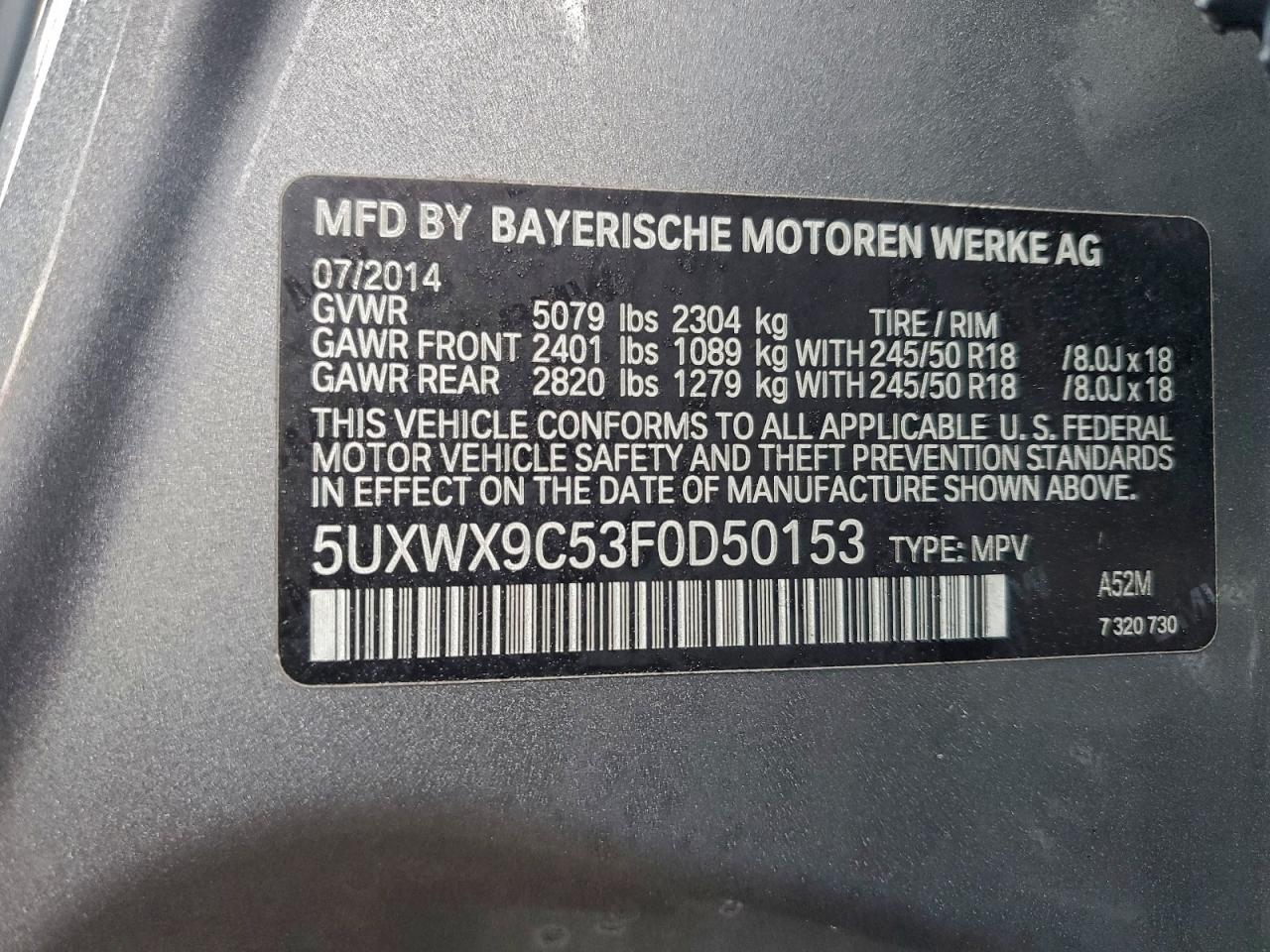 2015 BMW X3 xDrive28I VIN: 5UXWX9C53F0D50153 Lot: 92045875