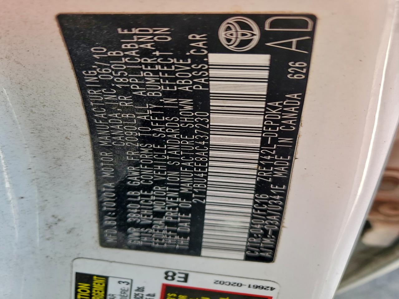 2010 Toyota Corolla Base VIN: 2T1BU4EE8AC437230 Lot: 95804365