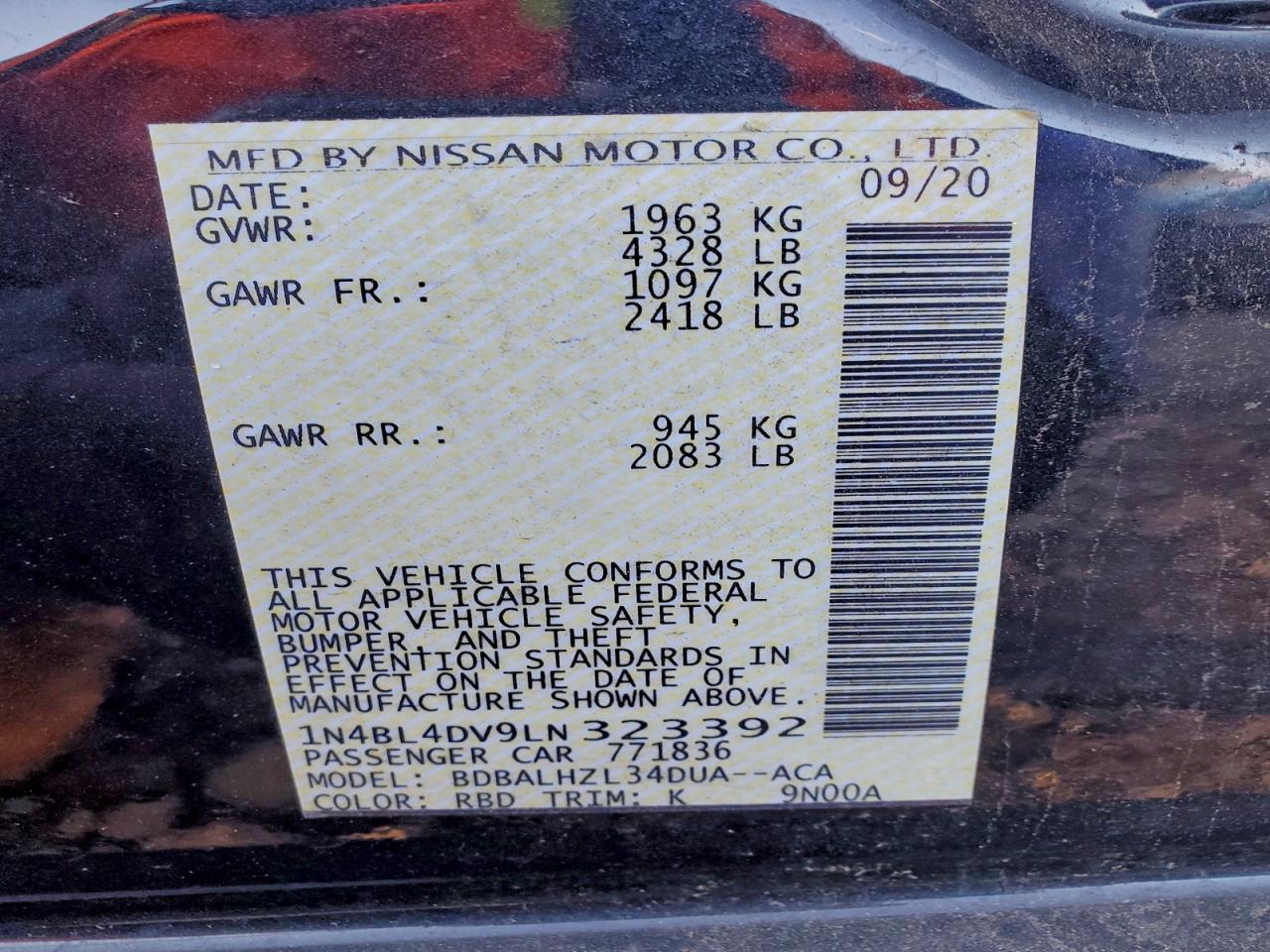 2020 Nissan Altima Sv VIN: 1N4BL4DV9LN323392 Lot: 94108895