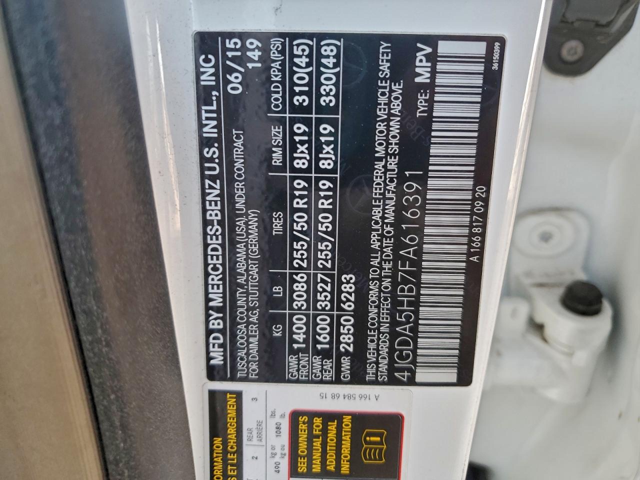 2015 Mercedes-Benz Ml 350 4Matic VIN: 4JGDA5HB7FA616391 Lot: 94781765