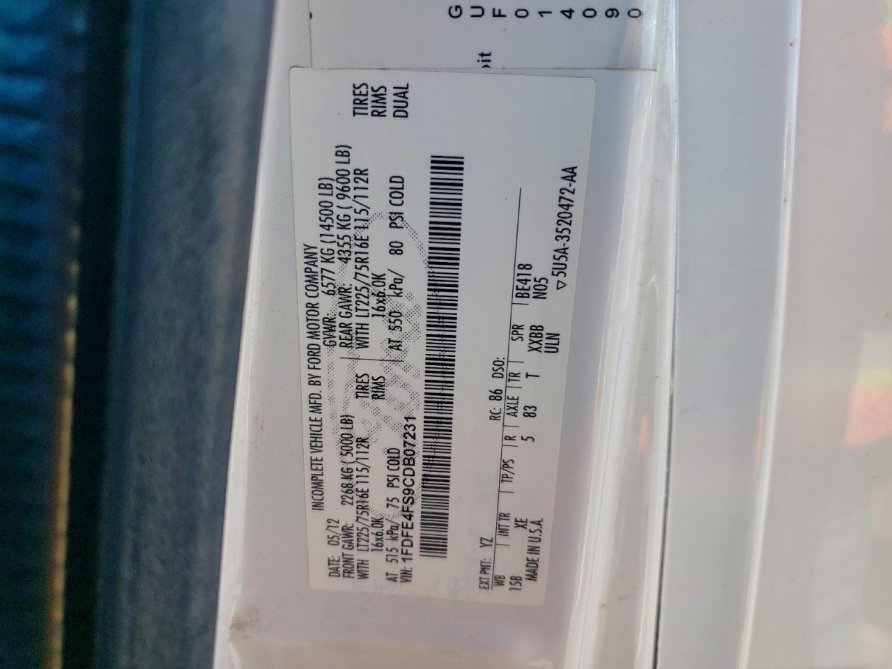 2012 Ford Econoline E450 Super Duty Cutaway Van VIN: 1FDFE4FS9CDB07231 Lot: 95028455