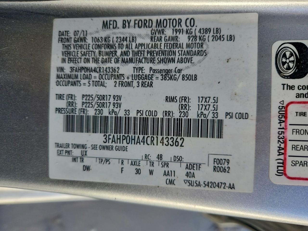 2012 Ford Fusion Se VIN: 3FAHP0HA4CR143362 Lot: 95961735