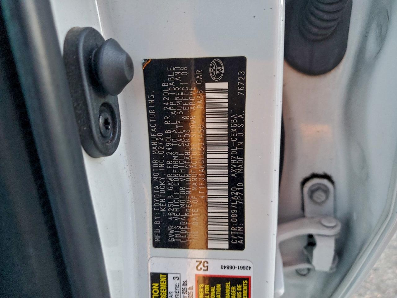 2020 Toyota Camry Xle VIN: 4T1F31AK6LU531459 Lot: 95343505