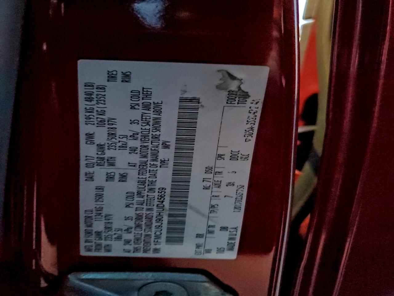 2017 Ford Escape Titanium VIN: 1FMCU9J90HUD45659 Lot: 92766885