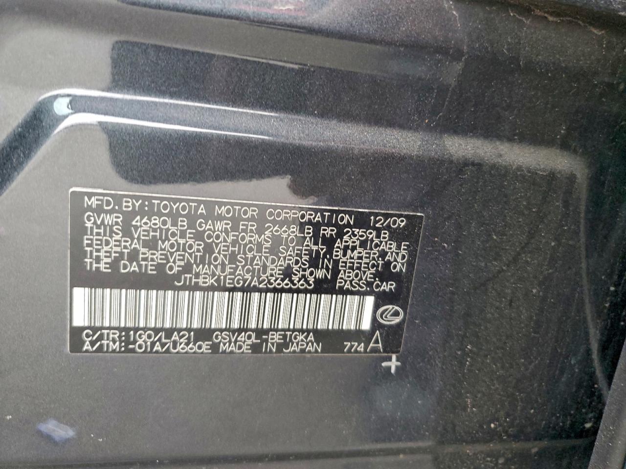 2010 Lexus Es 350 VIN: JTHBK1EG7A2366363 Lot: 94213855