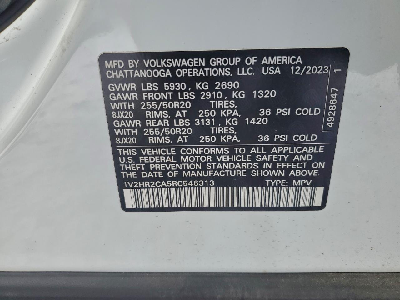 2024 Volkswagen Atlas Se VIN: 1V2HR2CA5RC546313 Lot: 95971005