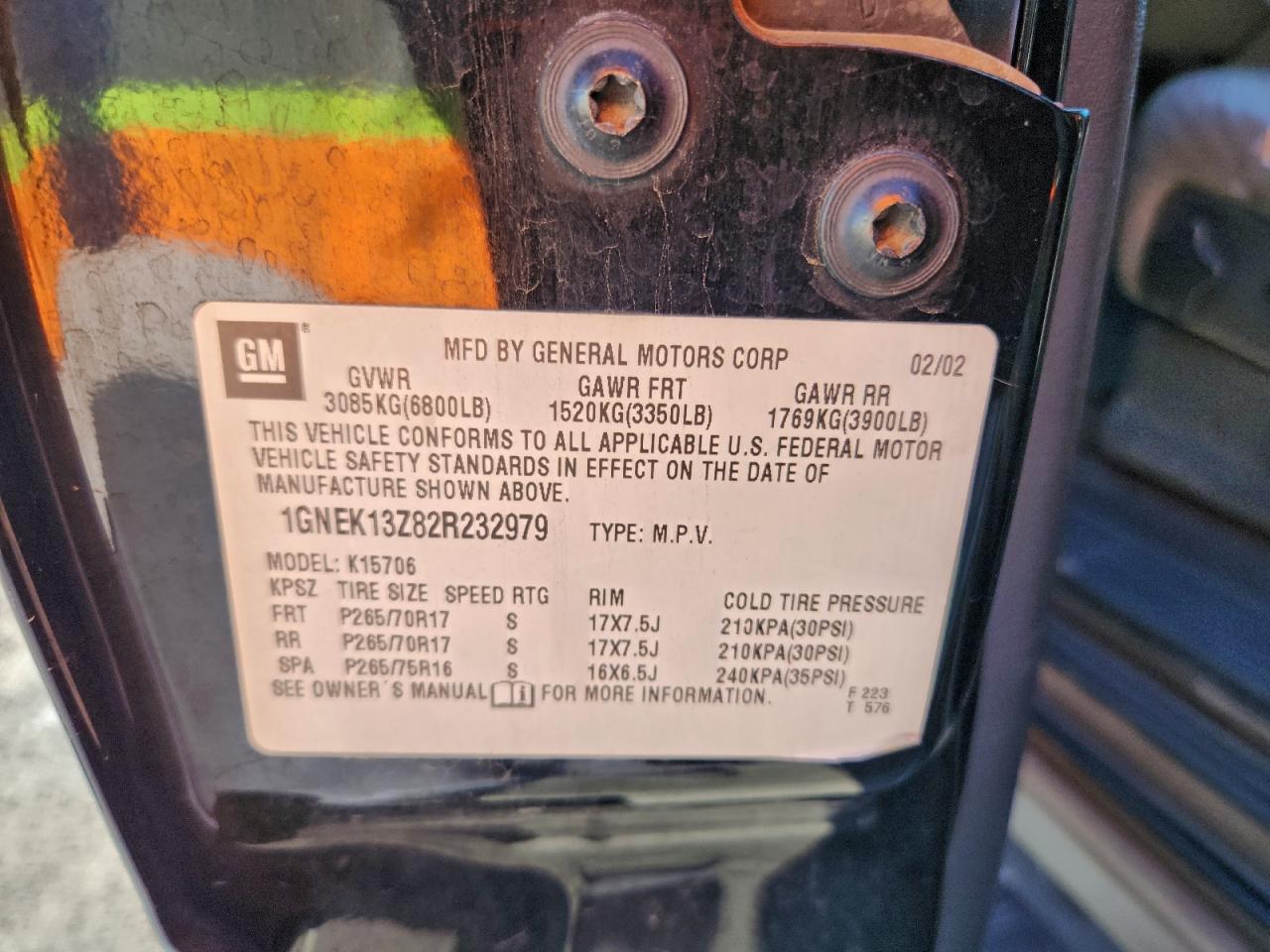 2002 Chevrolet Tahoe K1500 VIN: 1GNEK13Z82R232979 Lot: 96225425