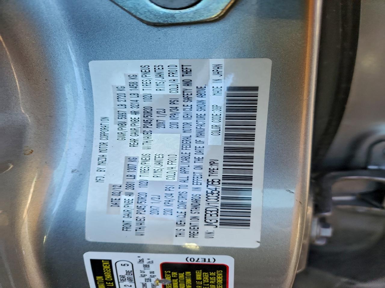 2012 Mazda Cx-9 VIN: JM3TB3DV1C0354765 Lot: 95663195