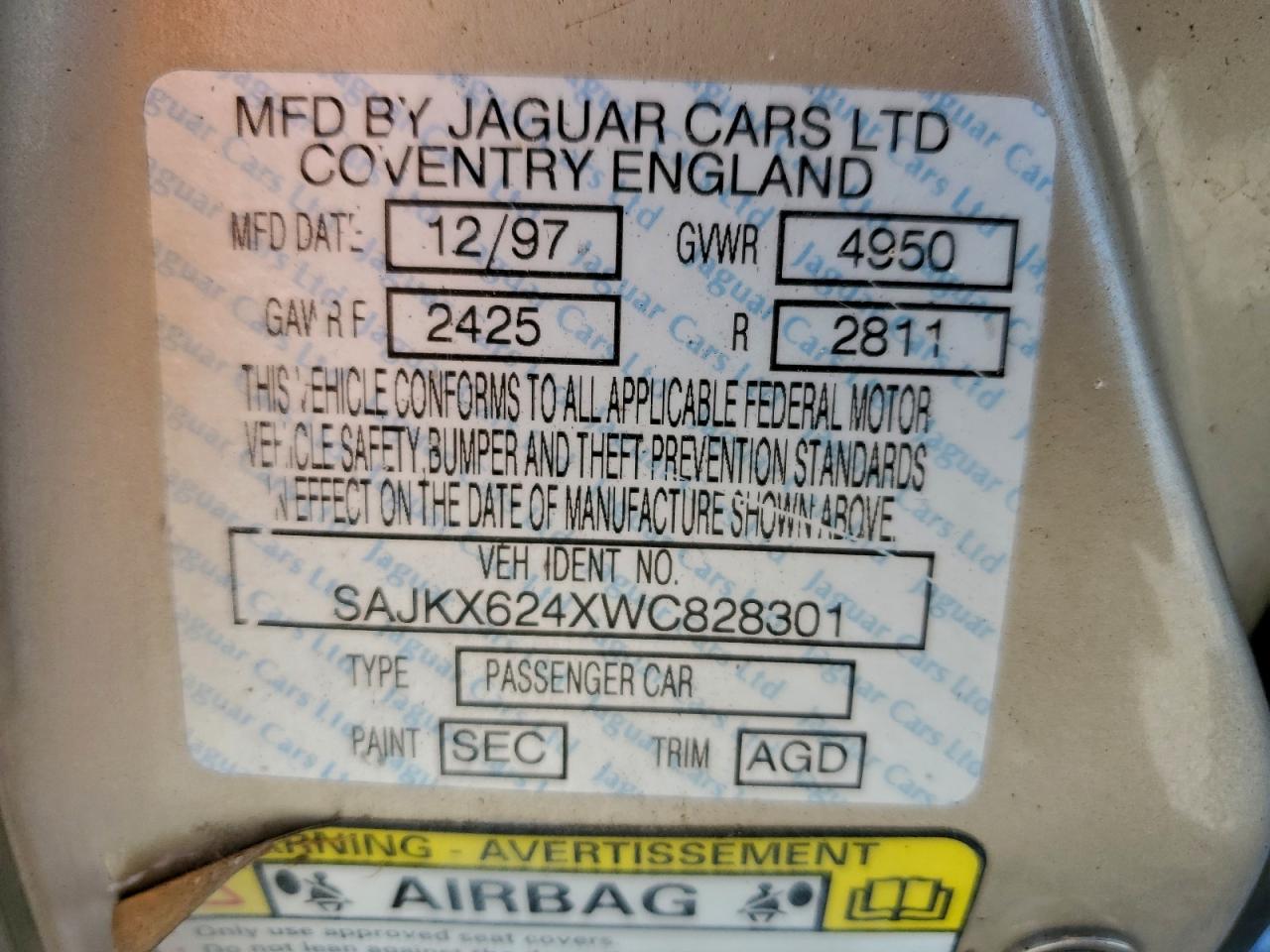 1998 Jaguar Vandenplas VIN: SAJKX624XWC828301 Lot: 96770055