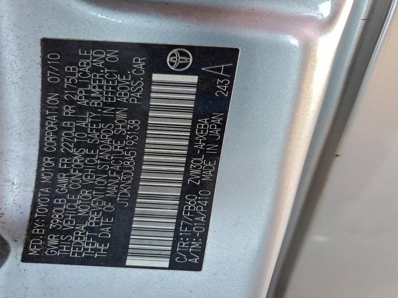 2010 Toyota Prius VIN: JTDKN3DU8A5193138 Lot: 94755005