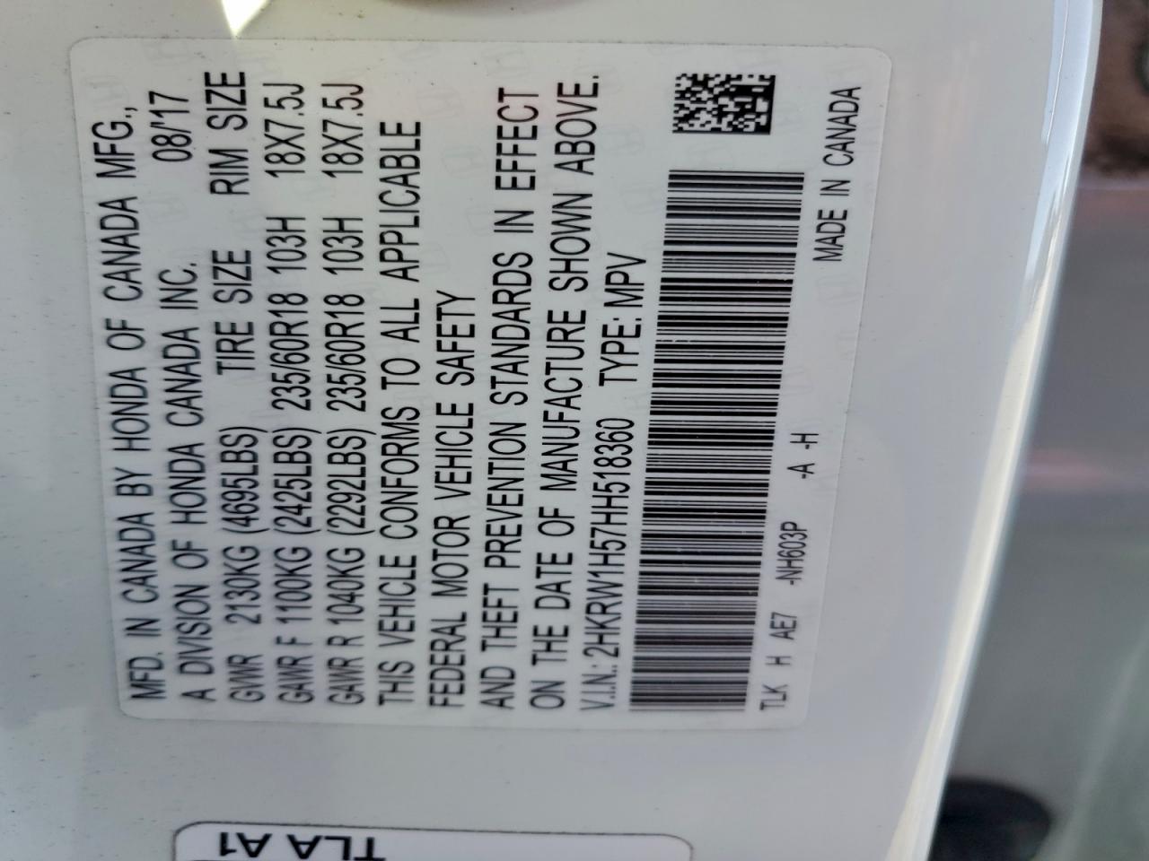 2017 Honda Cr-V Ex VIN: 2HKRW1H57HH518360 Lot: 95590705