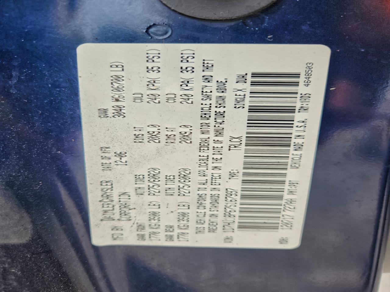 2007 Dodge Ram 1500 St VIN: 1D7HU18P67S167997 Lot: 93195225