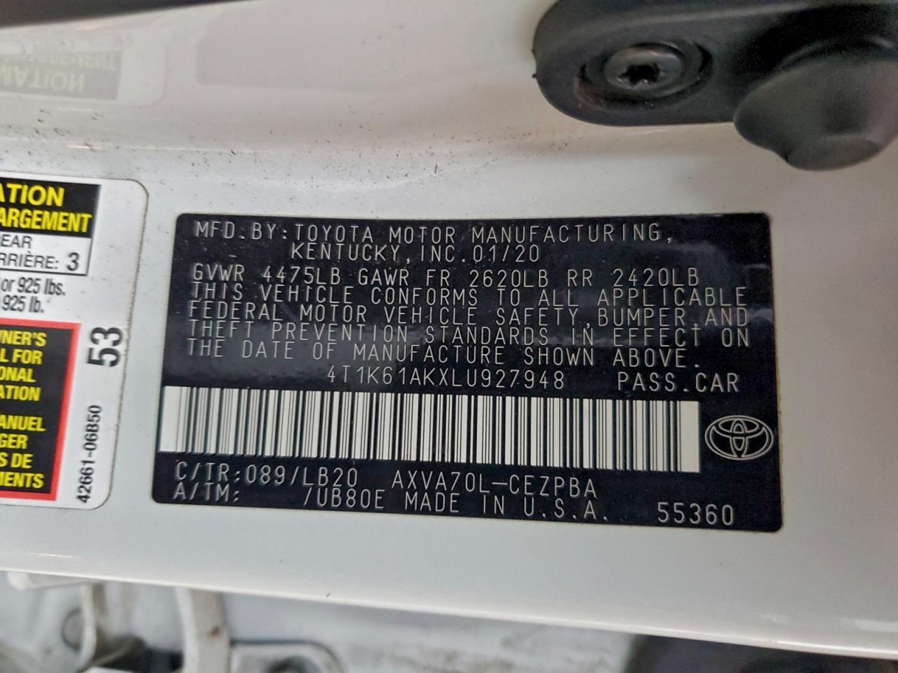 2020 Toyota Camry Xse VIN: 4T1K61AKXLU927948 Lot: 95505055